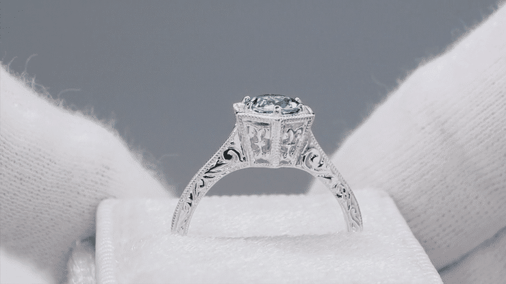 Filigree Hexagon Art Deco Engraved 3/4 Carat Aquamarine Engagement Ring in 14K White Gold - Item: R180 - Image: 4