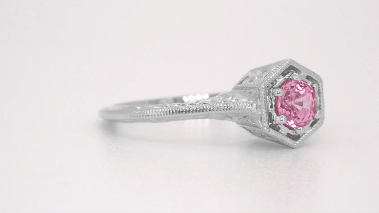 Hexagonal Art Deco Pink Sapphire Filigree Engagement Ring in 14K White Gold - Item: R180W33PS - Image: 5