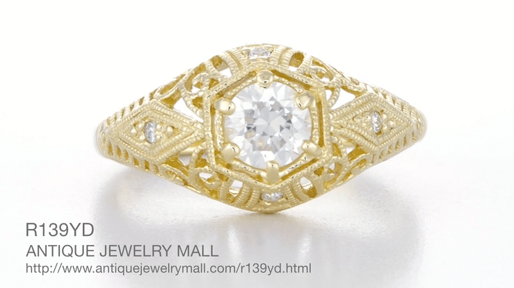 Scroll Dome Filigree Edwardian Diamond Engagement Ring in 14 Karat Yellow Gold - Item: R139YD-LC - Image: 7