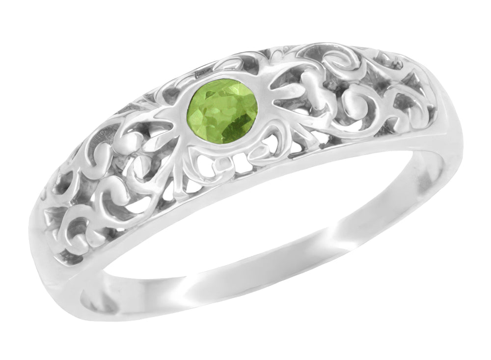 Filigree Scroll Edwardian Peridot Ring in 14 Karat White Gold