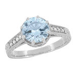Platinum 1 Carat Aquamarine Royal Crown Antique Style Engraved Engagement Ring