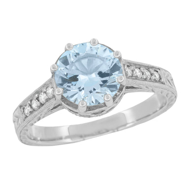 Platinum 1 Carat Aquamarine Royal Crown Antique Style Engraved Engagement Ring