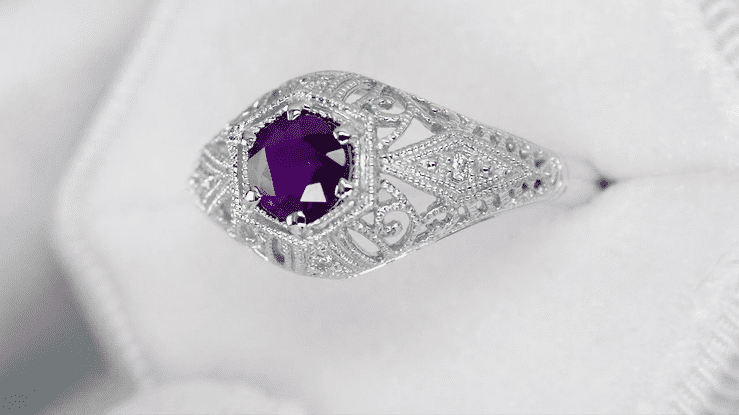 Amethyst and Diamonds Filigree Scroll Dome Edwardian Engagement Ring in 14 Karat White Gold - Item: R139 - Image: 4