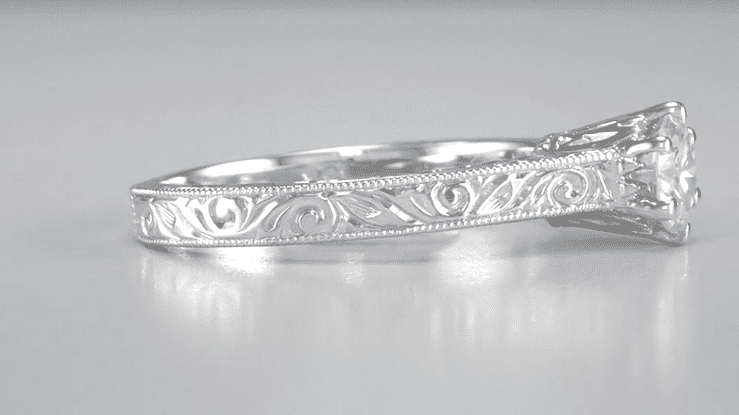 Filigree Scrolls Engraved 1/2 Carat Diamond Art Deco Crown Solitaire Engagement Ring in White Gold - Item: R199WD50K14-LC - Image: 7