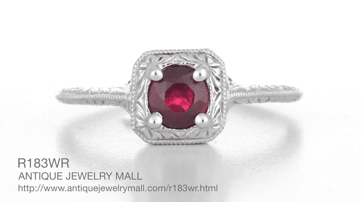 Filigree Scrolls Art Deco Engraved Ruby Engagement Ring in 14 Karat White Gold - Item: R183WR - Image: 6