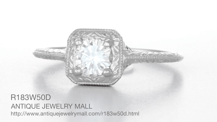 Filigree Scrolls Square Top Art Deco Engraved 1/3 Carat Diamond Engagement Ring in White Gold - Item: R183W50D10K-LC - Image: 4
