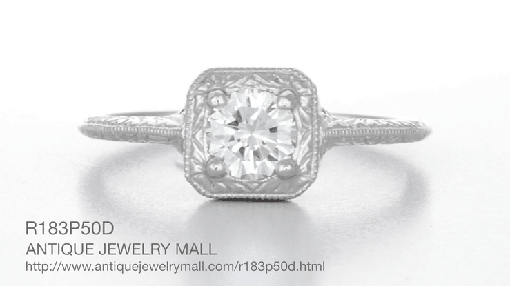 Filigree Scrolls Engraved 1/3 Carat Art Deco Vintage Diamond Engagement Ring in Platinum - Item: R183P50D-LC - Image: 4