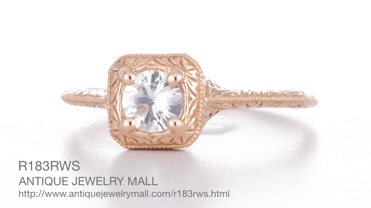 Filigree Scrolls Engraved White Sapphire Engagement Ring in 14 Karat Rose ( Pink ) Gold - Item: R183RWS - Image: 4