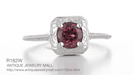 Filigree Scrolls Square Top Art Deco Engraved Rhodolite Garnet Engagement Ring in 14 Karat White Gold