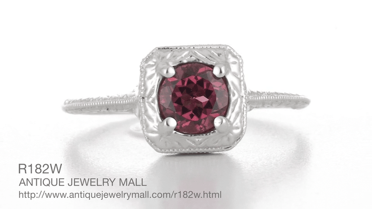 Filigree Scrolls Square Top Art Deco Engraved Rhodolite Garnet Engagement Ring in 14 Karat White Gold - Item: R182W - Image: 6