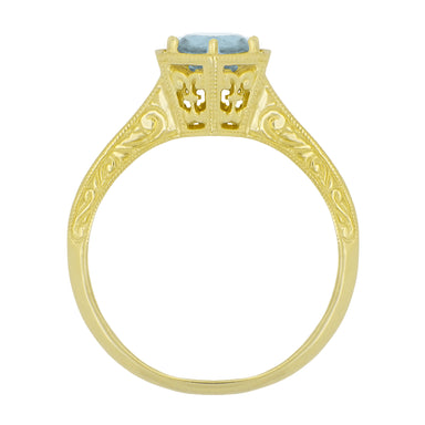 Art Deco Filigree Hexagonal 3/4 Carat Aquamarine Engagement Ring in 14K Yellow Gold - alternate view