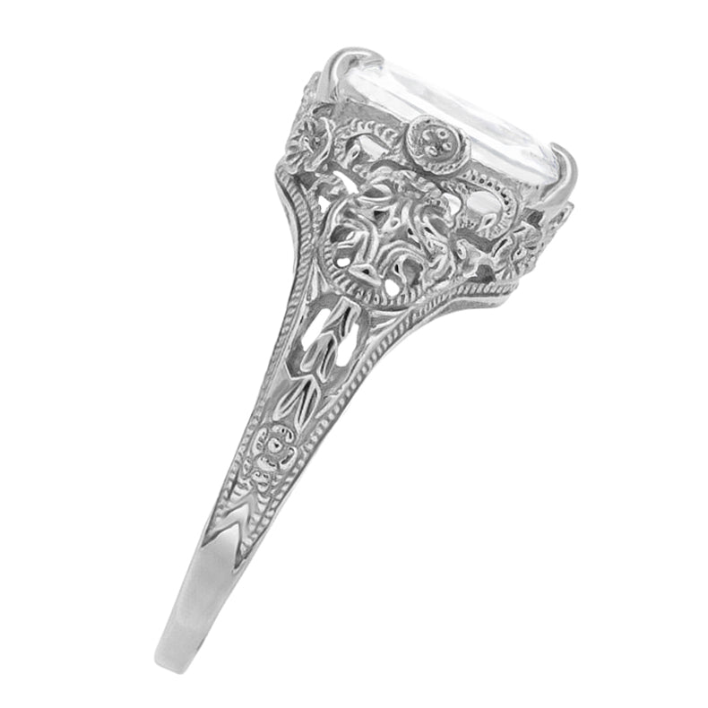 4 Carat Emerald Cut Lab Grown Diamond Edwardian Vintage-Inspired Engagement Ring in 14 Karat White Gold - Item: R618WD - Image: 3