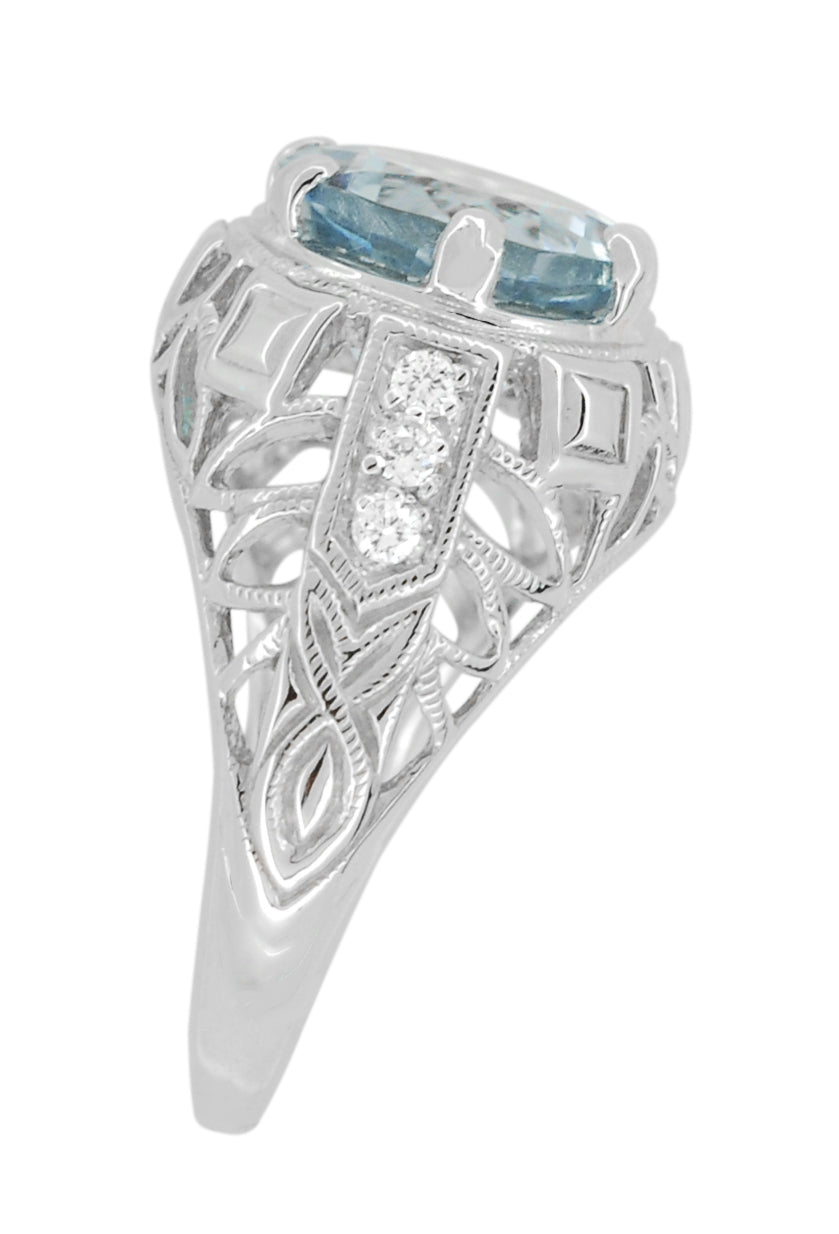 Art Deco Filigree Aquamarine and Diamonds Dome Statement Ring in 14 Karat White Gold - Item: R800WA - Image: 3