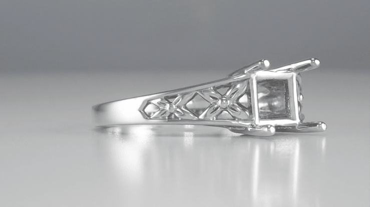Flowers and Leaves Filigree Art Nouveau Platinum Engagement Ring Setting for a Round 3/4 - 1 Carat Diamond - Item: R988P - Image: 6