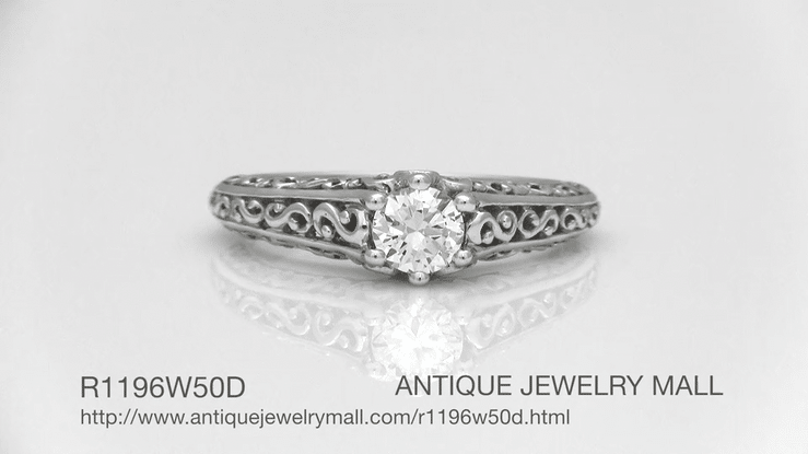 Flowing Scrolls 1/2 Carat Ideal Cut Lab Grown Diamond Filigree Edwardian Engagement Ring in 14 Karat White Gold - Item: R1196W50D - Image: 7