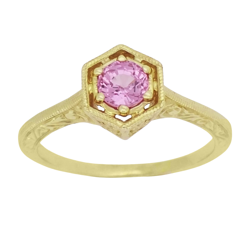 Art Deco 14 Karat Yellow Gold Pink Sapphire Hexagon Filigree Engagement Ring - Item: R180Y33PS - Image: 3