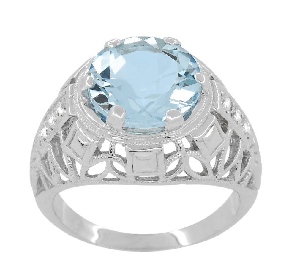 Art Deco Filigree Aquamarine and Diamonds Dome Statement Ring in 14 Karat White Gold - Item: R800WA - Image: 4
