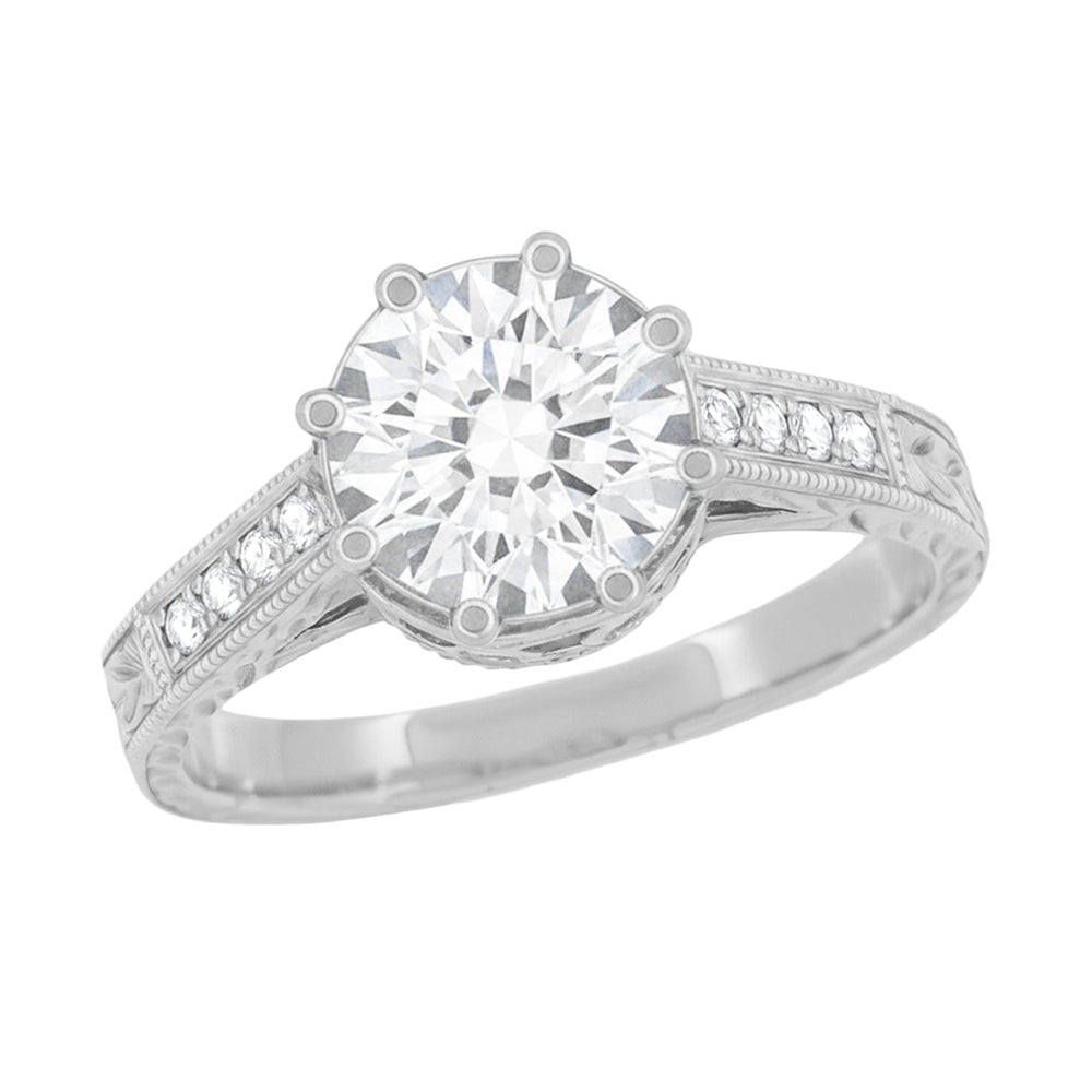 Royal Crown Antique Style Engraved White Gold Engagement Ring Setting for a 1 - 1.25 Carat Round Diamond - Item: R460W14K1-LC - Image: 3