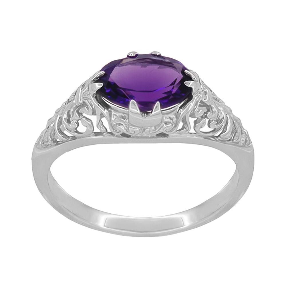 Edwardian Platinum Filigree Antique Style East to West Oval Amethyst Solitaire Ring - Item:  - Image: 3
