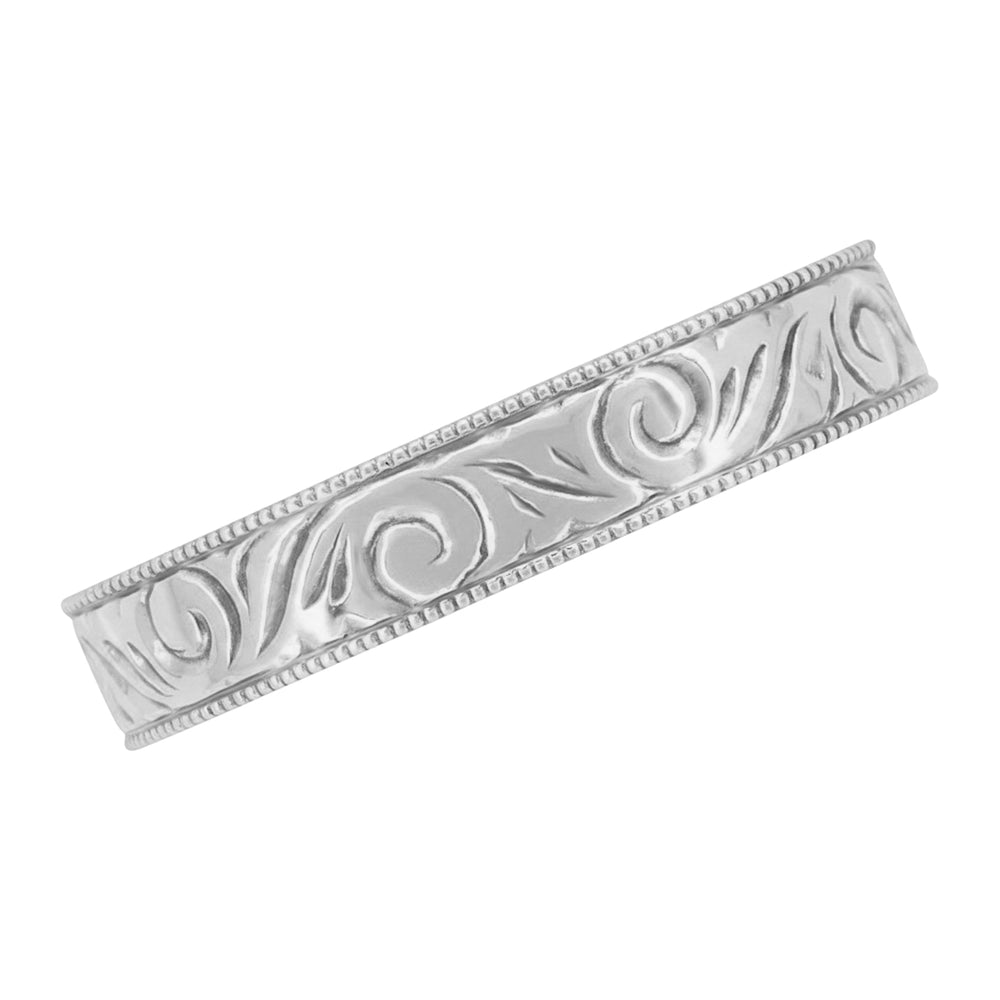 Men's Art Deco Scrolls Vintage Engraved Wedding Band in 10, 14 or 18 Karat White Gold - 4mm Wide - Item: WR199MW10 - Image: 4