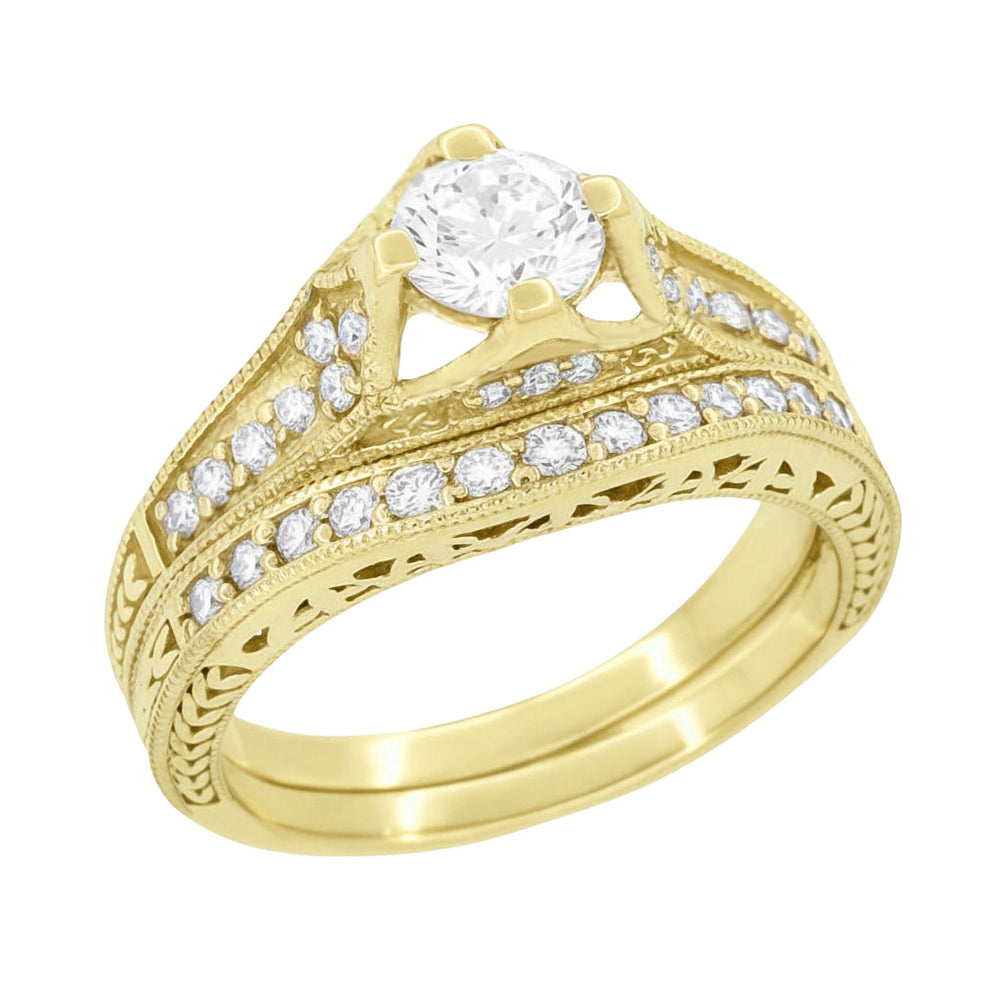 Belnord 18 Karat Yellow Gold Engraved Art Deco Filigree Diamond Engagement Ring - Item: R296Y50D - Image: 5