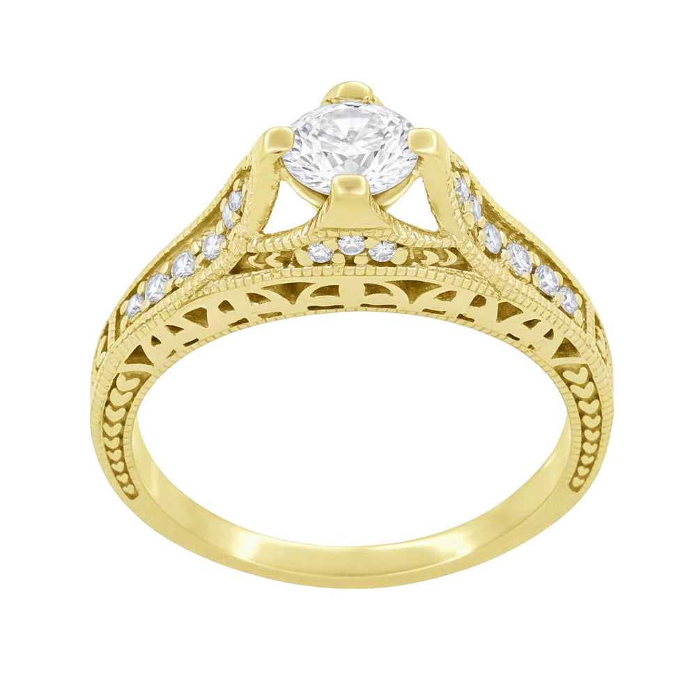Belnord 18 Karat Yellow Gold Engraved Art Deco Filigree Diamond Engagement Ring - Item: R296Y50D - Image: 3