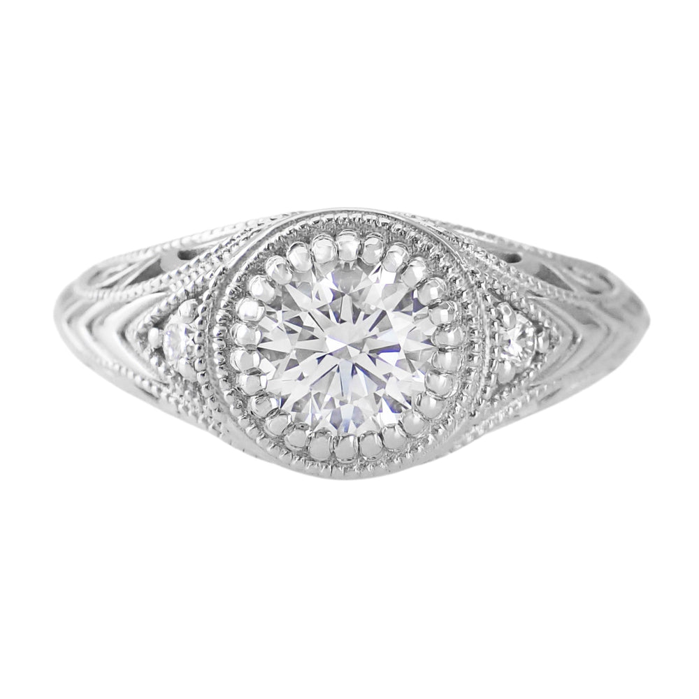 Art Deco Platinum Sculptural Filigree Low Dome 3/4 Carat Diamond Engagement Ring - Item: R464P75-LC - Image: 3