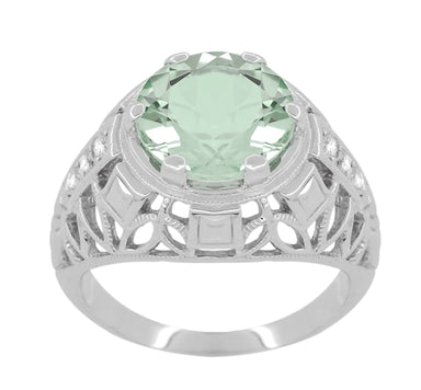 Art Deco 4.5 Carat Prasiolite ( Green Amethyst ) Filigree Dome Ring with Side Diamonds in 14 Karat White Gold - alternate view