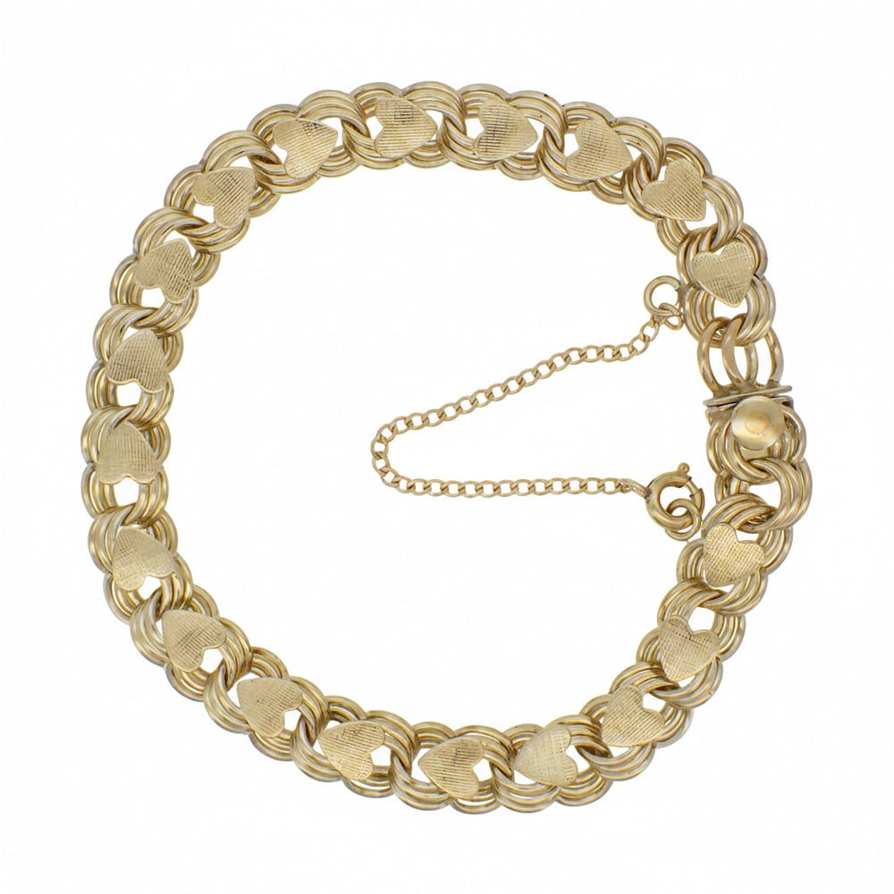 1960's Vintage 12K Yellow Gold Filled Triple Circle Joined Hearts Charm Bracelet - 7.25 Inches
