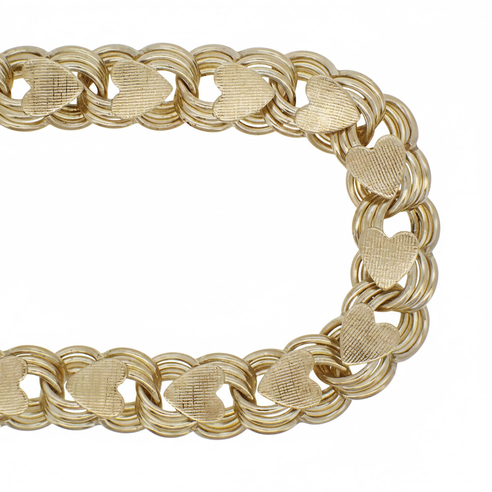 1960's Vintage 12K Yellow Gold Filled Triple Circle Joined Hearts Charm Bracelet - 7.25 Inches - Item: GFBR19 - Image: 2