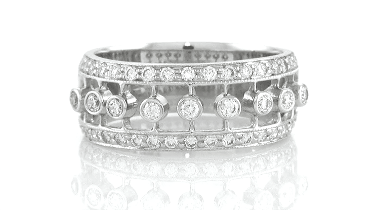 Galaxy of Diamonds Wide Anniversary Band in 18 Karat White Gold - Vintage Mid Century Design - Item: R900 - Image: 7