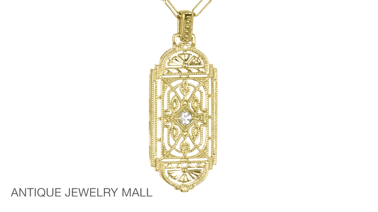 Geometric Art Deco Filigree White Sapphire Necklace Pendant in Yellow Gold Over Solid Sterling Silver - Item: N150YWS - Image: 6
