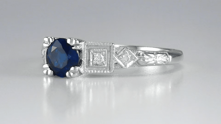 Geometric Art Deco Sapphire Engagement Ring in 18 Karat White Gold with Diamonds - Item: R194 - Image: 6