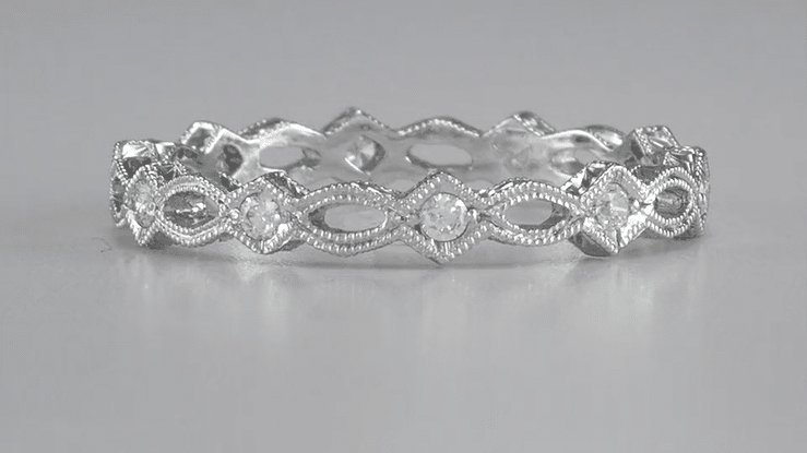 Art Deco Filigree Hand Engraved Diamond Wedding Ring in 14 Karat White Gold - Item: R458W - Image: 4