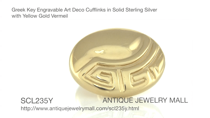 Greek Key Engravable Art Deco Cufflinks in Solid Sterling Silver with Yellow Gold Vermeil - Item: SCL235Y - Image: 6