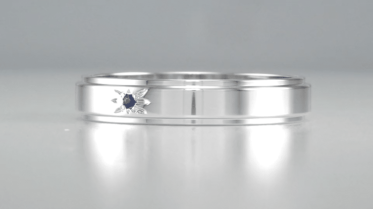Starburst Grooved Edge 1950's Blue Sapphire Wedding Band in 14K White Gold - 4mm Wide - Item: R653WBS - Image: 2
