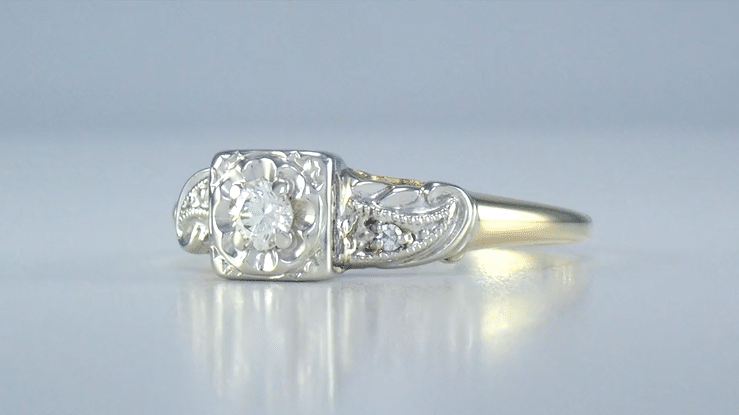 Heartlock Retro 1950's Illusion Vintage Diamond Engagement Ring in Mixed Metal 14K Yellow and White Gold - Item: R755 - Image: 3