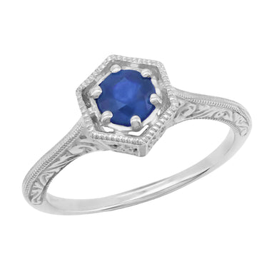 Hexagon Art Deco Filigree Blue Sapphire Engagement Ring in 14 Karat White Gold