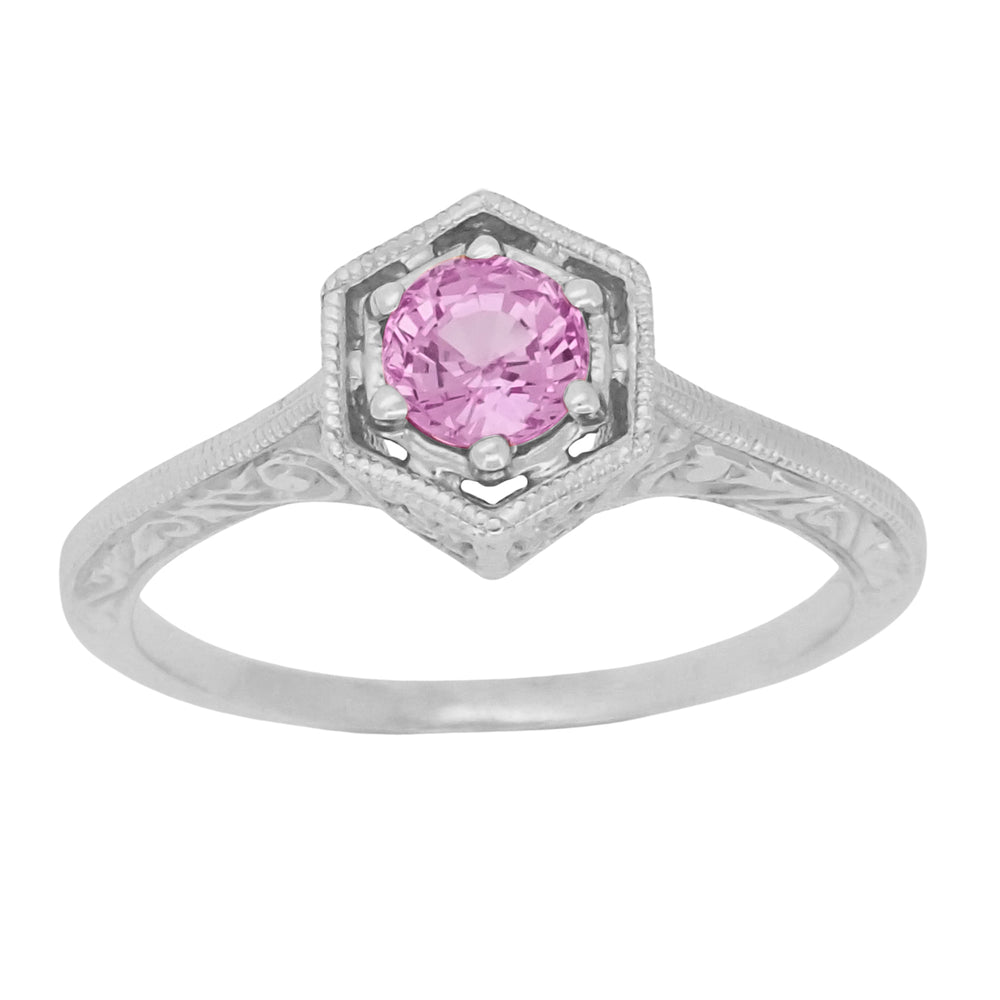 Hexagonal Art Deco Pink Sapphire Filigree Engagement Ring in 14K White Gold - Item: R180W33PS - Image: 3