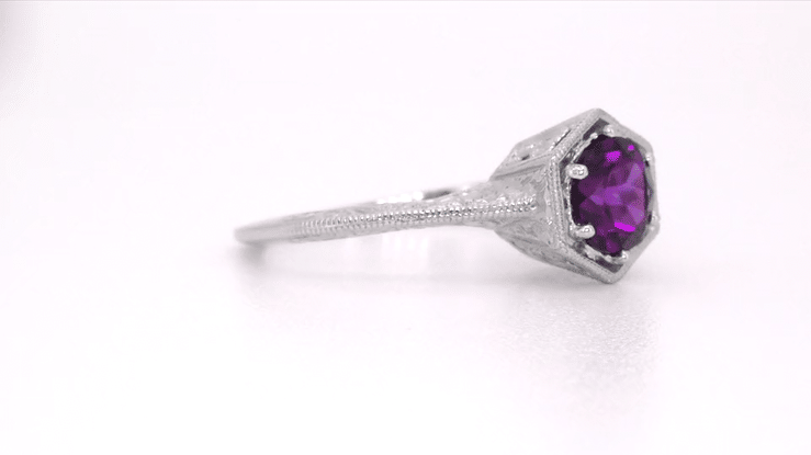 Hexagon Art Deco 3/4 Carat Amethyst Engraved Filigree Engagement Ring in 14K White Gold - Item: R233 - Image: 5