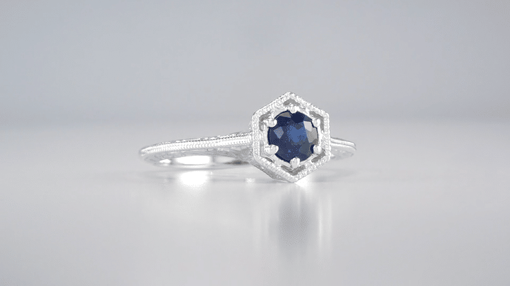 Hexagon Art Deco Filigree Blue Sapphire Engagement Ring in 14 Karat White Gold - Item: R257 - Image: 5