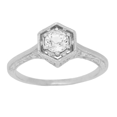 Hexagon Art Deco White Sapphire Filigree Engagement Ring in 14K White Gold - alternate view