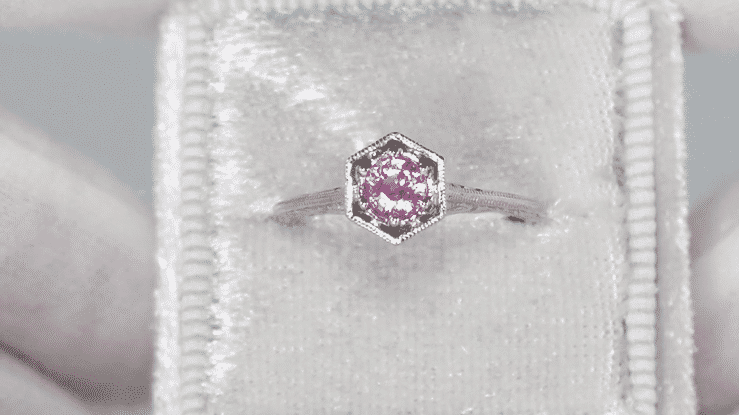 Hexagonal Art Deco Pink Sapphire Filigree Engagement Ring in 14K White Gold - Item: R180W33PS - Image: 4