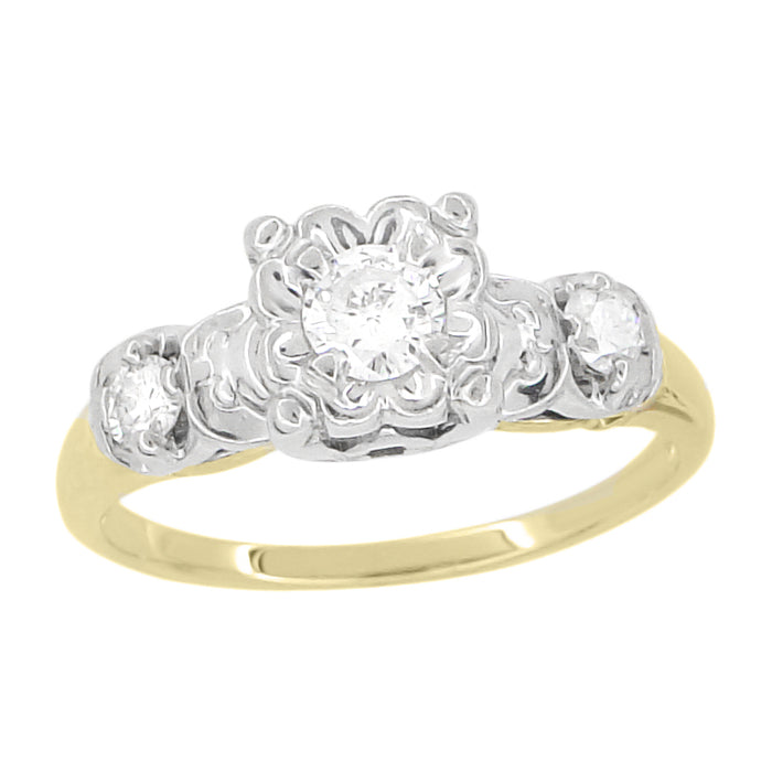 Square Top 1950's Vintage Diamond Engagement Ring in 14K Two-Tone White and Yellow Gold