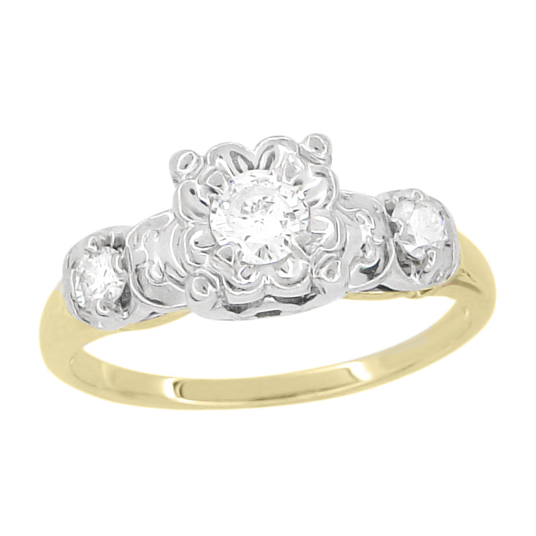 Square Top 1950's Vintage Diamond Engagement Ring in 14K Two-Tone White and Yellow Gold