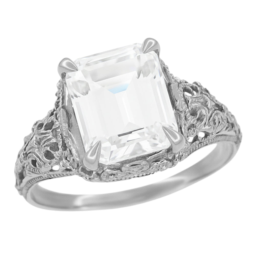 4 Carat Emerald Cut Lab Grown Diamond Edwardian Vintage-Inspired Engagement Ring in 14 Karat White Gold
