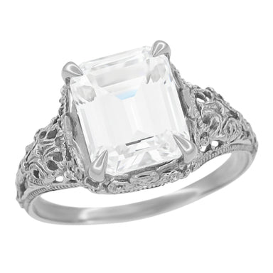 4 Carat Emerald Cut Lab Grown Diamond Edwardian Vintage-Inspired Engagement Ring in 14 Karat White Gold