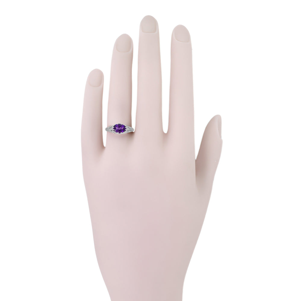 Edwardian Platinum Filigree Antique Style East to West Oval Amethyst Solitaire Ring - Item:  - Image: 6