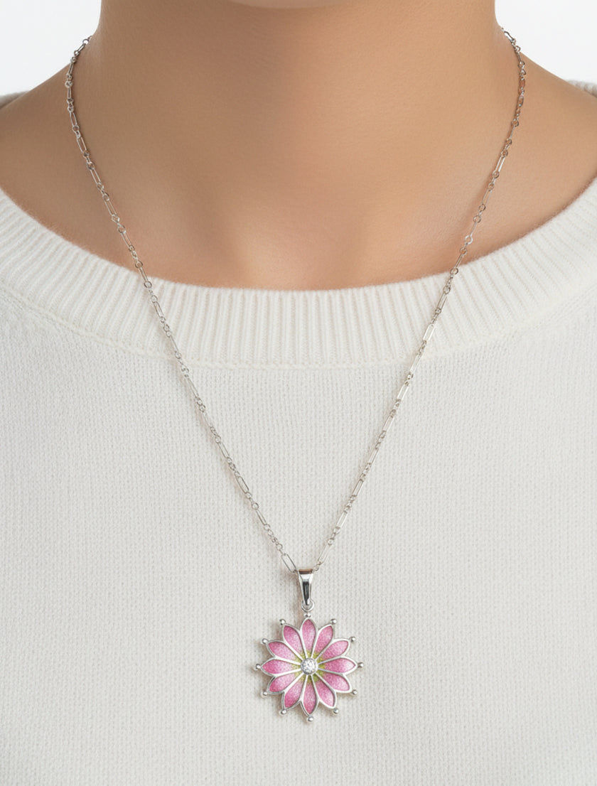 Art Nouveau Plique-à-Jour Enamel Flower Pendant on Female Model with White Shirt - P121W