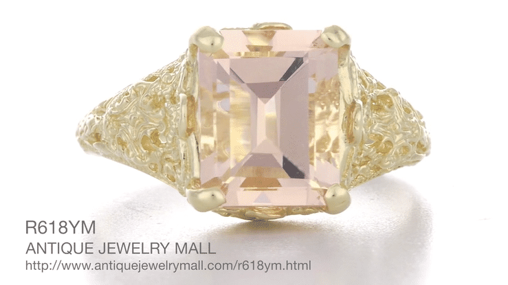 Emerald Cut Morganite Filigree Edwardian Engagement Ring in 14 Karat Yellow Gold - Item: R618YM - Image: 6